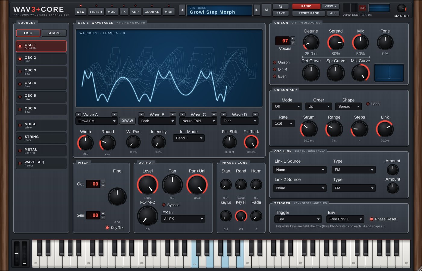 WAV3+CORE oscillator page, Graphite skin